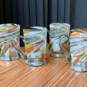 Handmade Old Vintage Retro Multicolor Glass Mugs, Set of 4, Coloured Glass, Color Glass cups with HANDLE