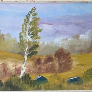 Paisaje Original pintura al óleo prado abedul firmado por el artista Vintage los años 90, cartón decoración del hogar colgante de pared regalo interior