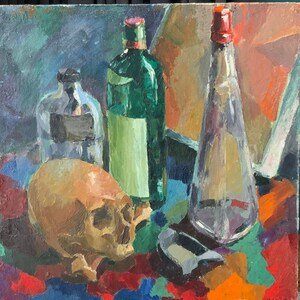 May include: A still life painting featuring a human skull, a green glass bottle, a clear glass bottle, and a brown glass bottle. The bottles are arranged on a colorful, abstract background.