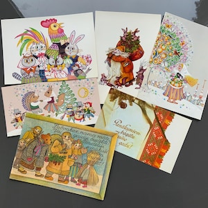 Cartes postales vierges Lettonie, lot de 6x Félicitations !, URSS, cartes postales, cartes vintage vierges vintage de Noël et du Nouvel An d'artiste letton des années 80