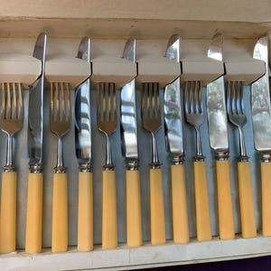 12x UNUSED Bakelite cutlery set in box 6 Knives and 6 forks with bakelite handles Vintage flatware set 1960s (# 475 )