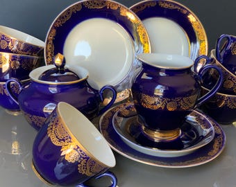 Vintage Lomonosov Porzellan Trio: Zuckerdose, Milchkännchen, Tasse mit 22k Goldverzierung