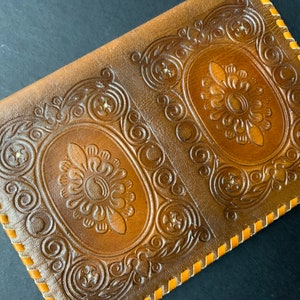 Small Leather document cover & passport holder, Latvia Vintage, Leather Cover Latvian  Pattern, Vintage Leather Accessory, Used.