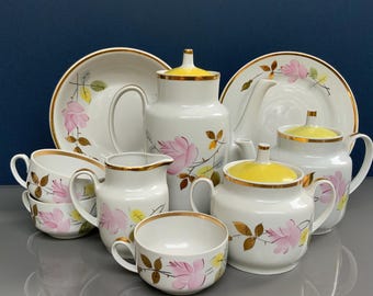 Gold trim Hand-painted, Riga Porcelain Factory, Tea Cups, Coffee Cups, teapot, creamer,  Flower Decoration Riga Porcelain from the 60s  (631
