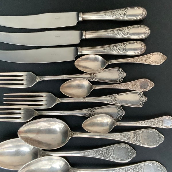 Lovely antique 12 x Mismatched Alpaca Silver Forks and Knives, Spoons antique flatware, stainless cutlery, from the 1920-the 30s Art Nouveau