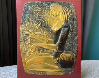 Decorative Metal copper chasing Girl metal plaque on wood base wall mounted USSR 1970-80s