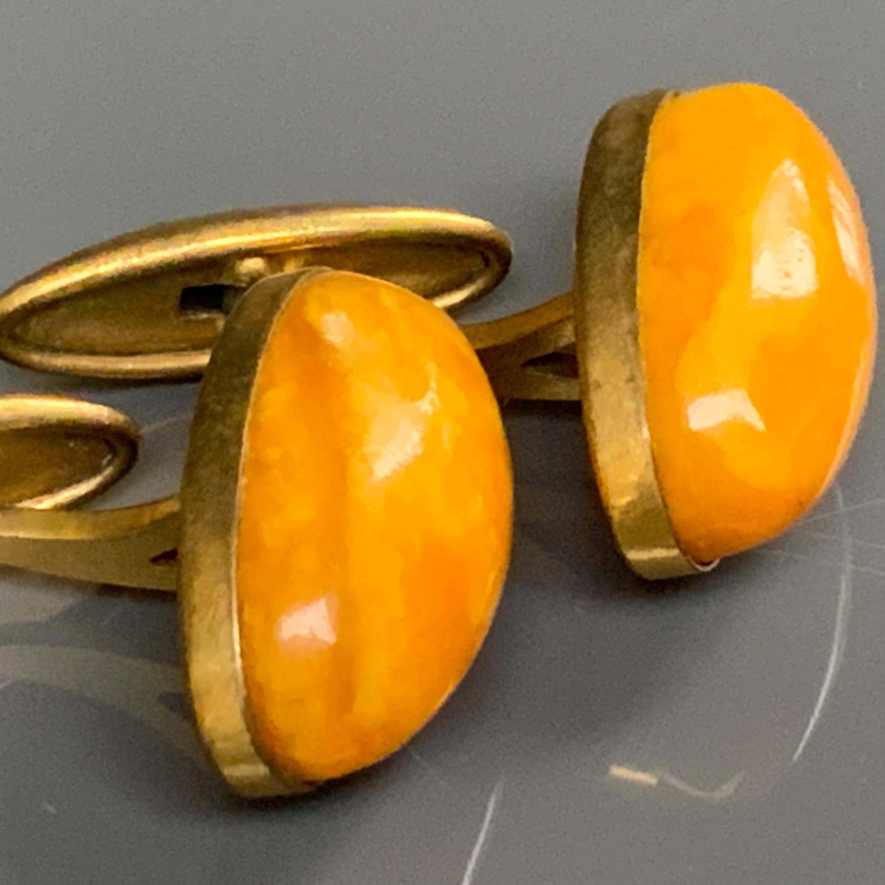 Boutons De Manchette Ambre Baltique - Or 9 Carats, Fabrication Italienne, Caramel Au Beurre
