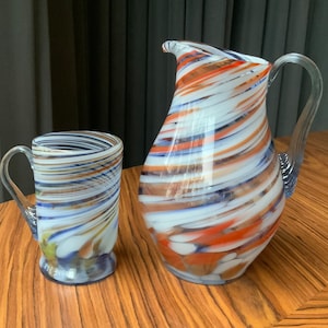 Handmade Old Vintage Retro Multicolor Glass Pitcher and Mug, Set of 2, Coloured Glass Jug,  Color Glass Pitcher.