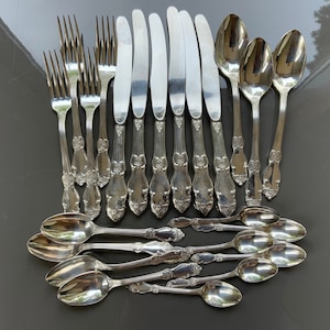 Unused silver plated 6 Dessert knives, 4 dessert forks, 3 dessert spoons, 4 teaspoons, 6 coffee spoons Soviet-era flatware, original boxes