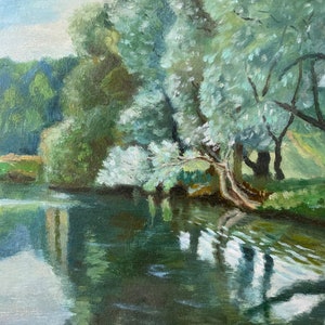 Oil painting, River Original Artwork, Illustration, Fine Art, Handmade Home Decor Room Interior wall hanging/green 90s/signed by artist
