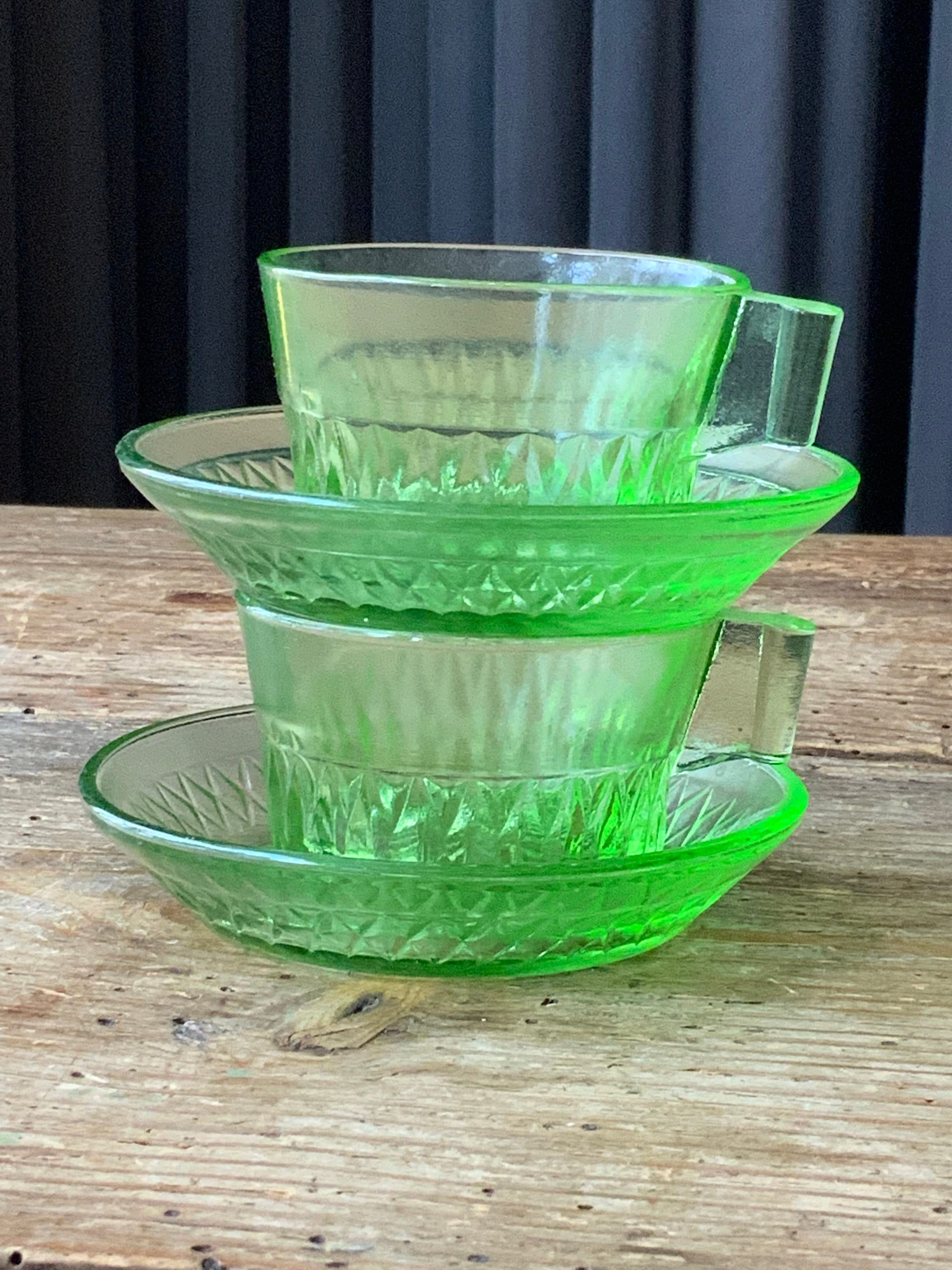 Vintage Glass Cups and Saucersgreen Glass Set of 2vintage Etsy
