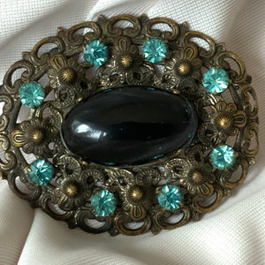 Vintage Czech Blue-Green Brooch Classic Style Oval Shaped Floral Decor Set Blue-Green Glass Stones Collectible Gift. Circa 1950&#39;s