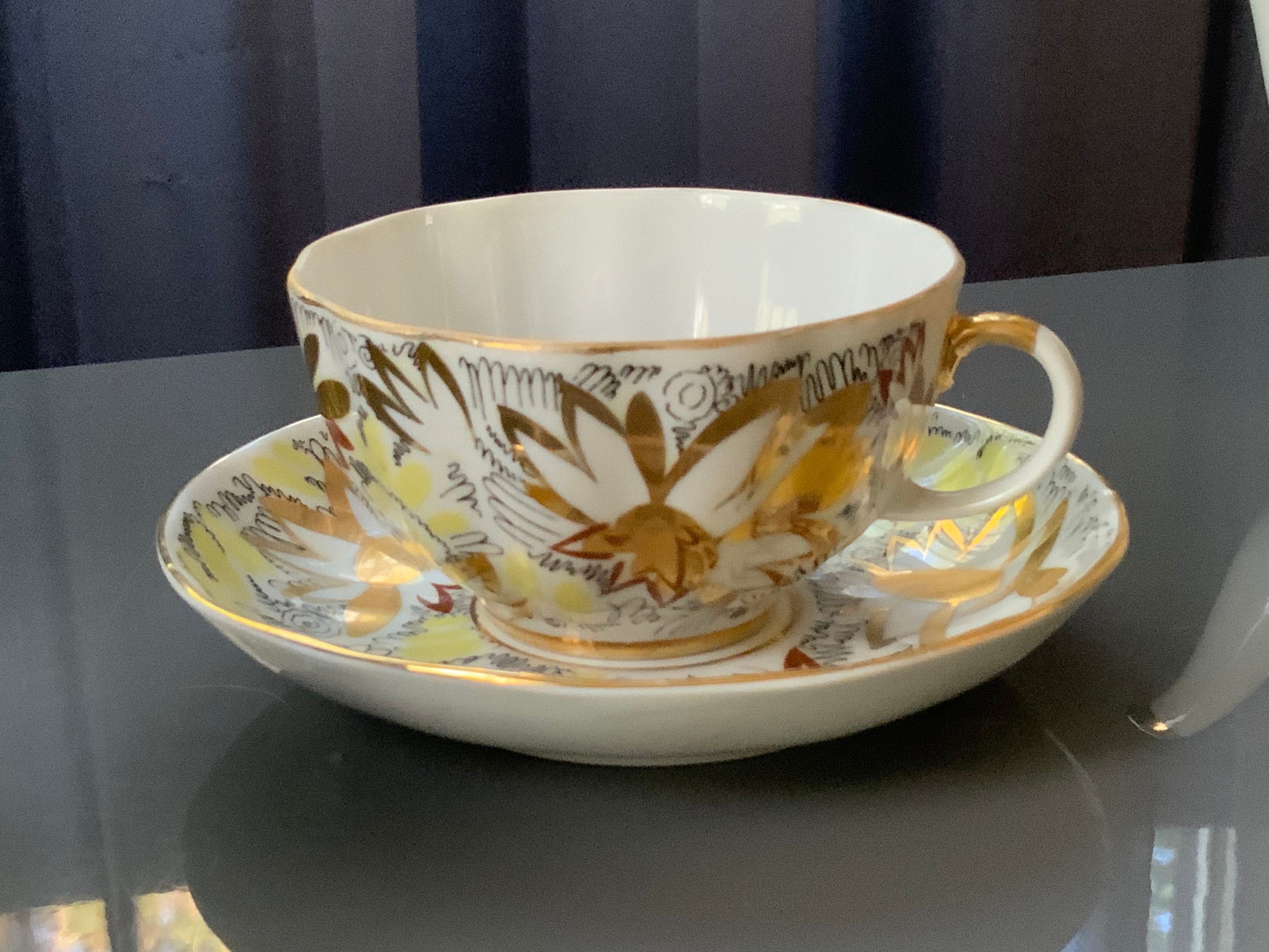 Lomonosov Imperial Porcelain Tea Set: Gold Daisy, 22k Trim, USSR