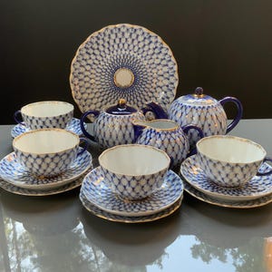 LFZ Vintage Lomonosov Imperial LFZ Porcelain Cobalt Net rare porcelain tea service.