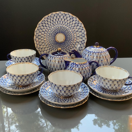 ロモノーソフ LOMONOSOV ソ連時代 コバルトネット トリオ ポットセット