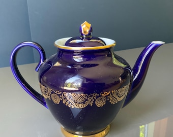 Vintage Lomonosov Porcelain Trio: Cobalt Blue Sugar Bowl, Creamer, Cup with 22k Gold Trim