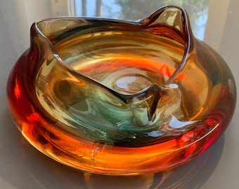 Heavy rainbow glass bowl, Mid-century amber glass bowl,  Bohemian art glass ashtray or bowl. (# 624 )