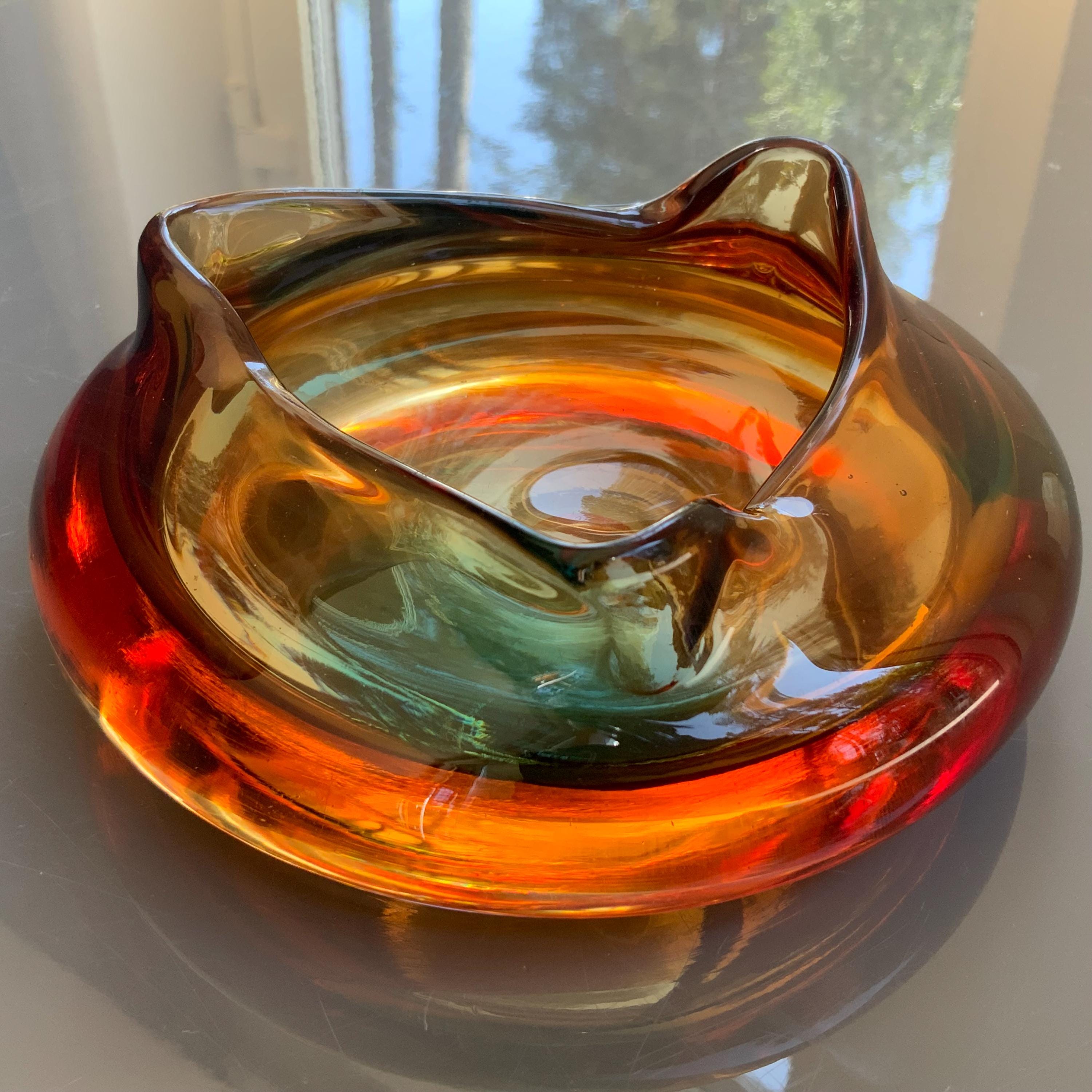Heavy rainbow glass bowl, Mid-century amber glass bowl,  Bohemian art glass ashtray or bowl. (# 624 )