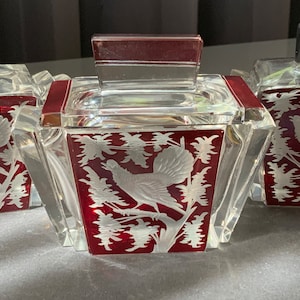 Beautiful Art Deco Karl Palda Czech Glass Vanity, Dressing Set  Cranberry, Red design, Cut to clear ornament