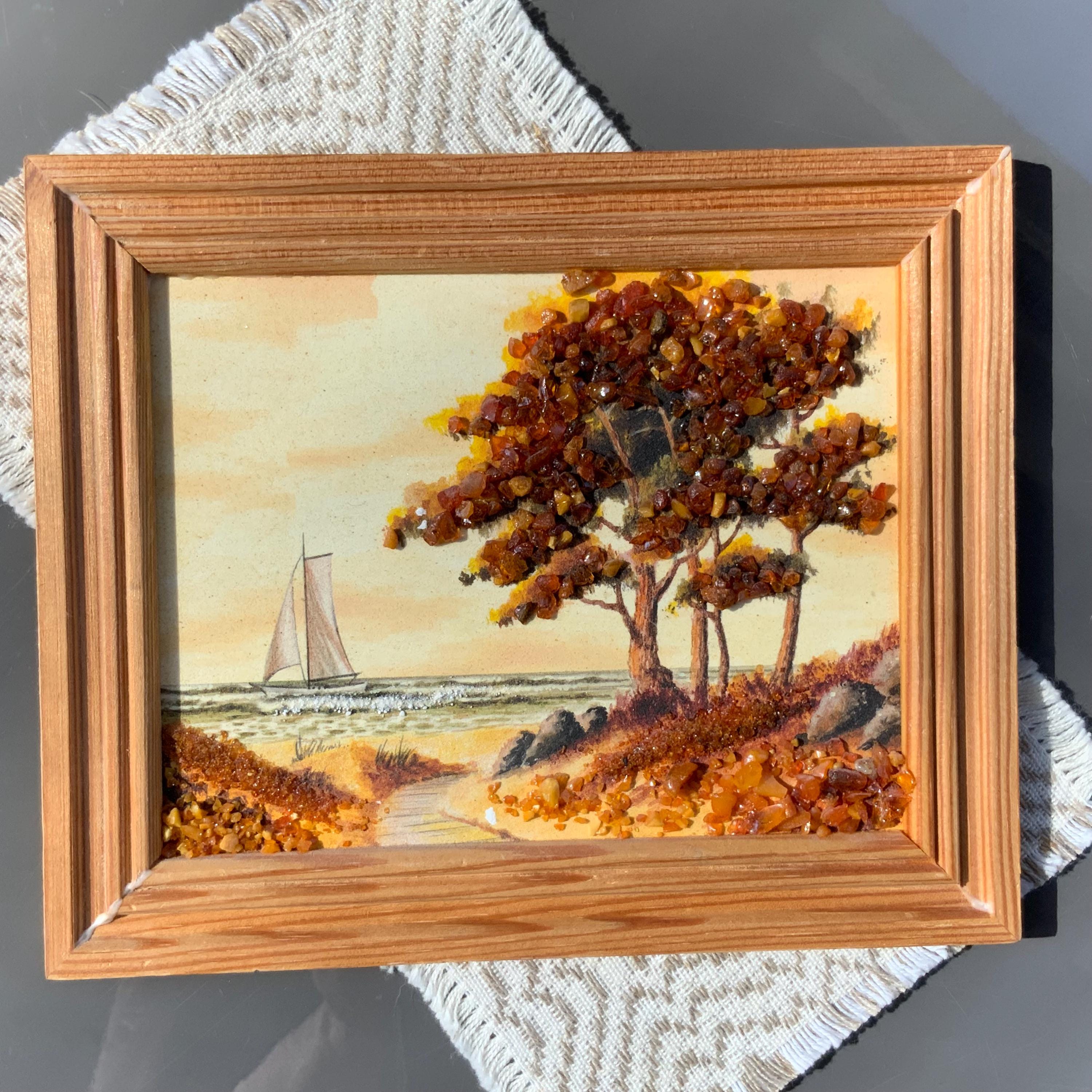 Vintage Amber Landscape Wall Picture: Handmade Seaside Scene - Etsy