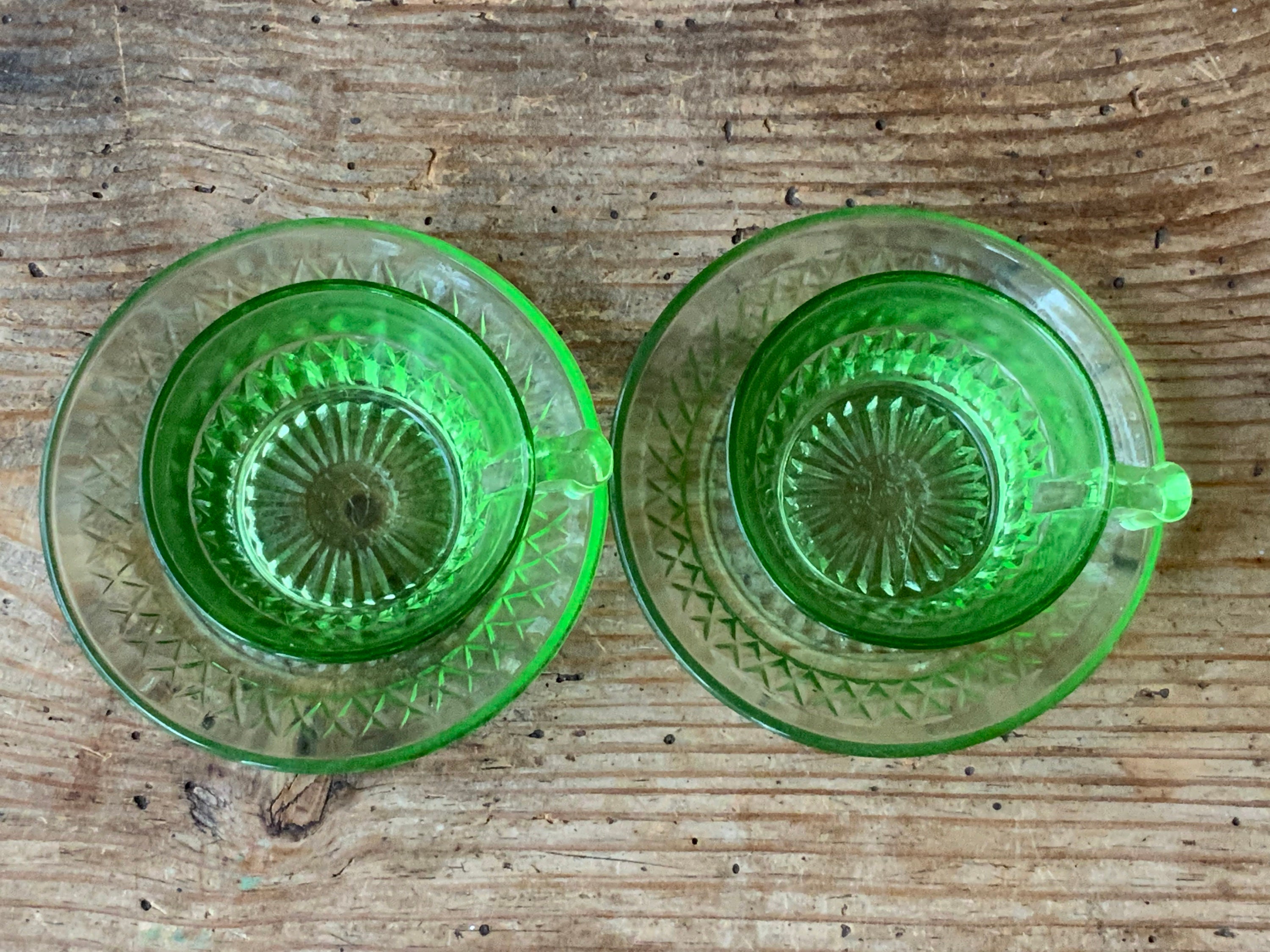 Vintage Glass Cups and Saucersgreen Glass Set of 2vintage Etsy