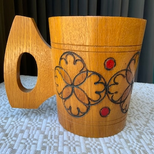 Vintage Wooden Beer Stein: Handmade Burned Wood Mug, Mid Century Decor