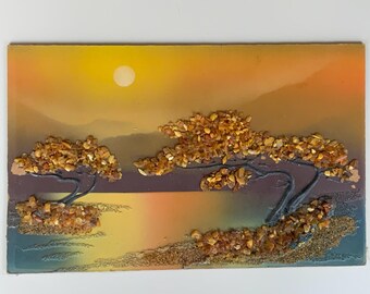 Vintage Amber Landscape Wall Art: Handmade Wooden Frame