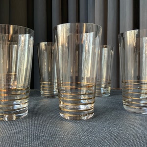 Very thin glass, Gold lines, Set of 6  Vintage Waterglasses, juice glasses, goblets, long drinks glasses.