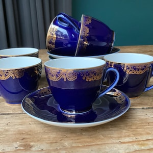 The price is for One cup and saucer, Espresso cup LFZ Lomonosov  Imperial Porcelain High-Quality Tableware Cobalt Blue 22 kt Gold