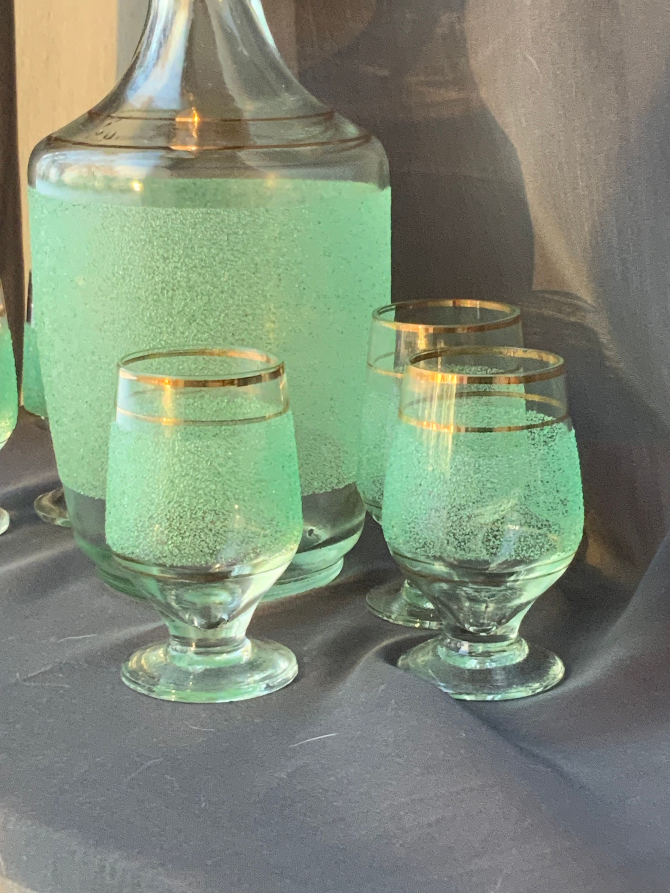 Vintage Green Glass Decanter Set: Gold Trimmed Shot Glasses, USSR