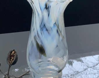 Color glass vase Vintage, light blue white,  Thin glass,  Vintage Home Accessory, USSR 1980s (# 546 )