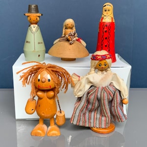 Lot of 5 Vintage Wooden Hand-Painted, Handcrafted Dolls Made in the USSR in the 60 - 1970s Defects