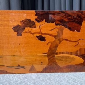 Plaque vintage en bois intarsia : décoration d'intérieur en marqueterie incrustée des années 1970