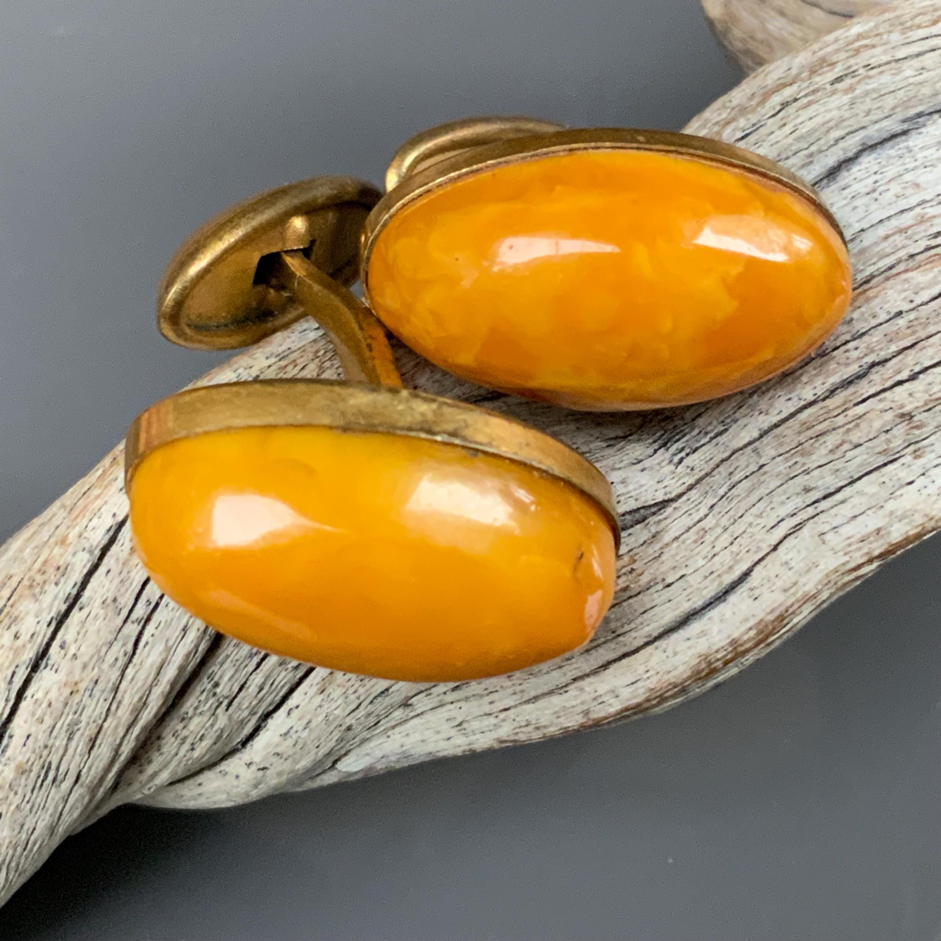 Boutons De Manchette Ambre Baltique - Or 9 Carats, Fabrication Italienne, Caramel Au Beurre