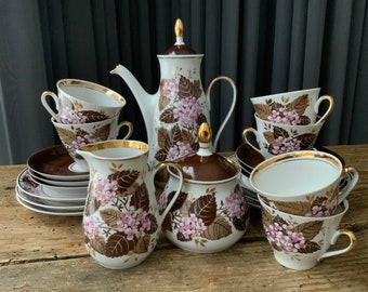 Vintage Very Thin China Porcelain Coffee Espresso Set for 6 Marianna. Made by Riga Porcelain Factory RPR.