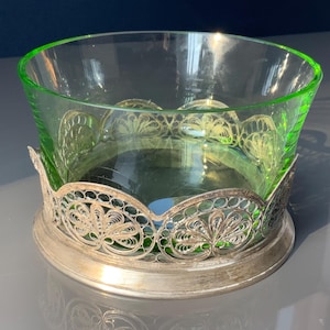 The filigree metalwork with green glass bowl Vintage Filigree Bowl Round Trinket Dish Tray, metal, from the 70s