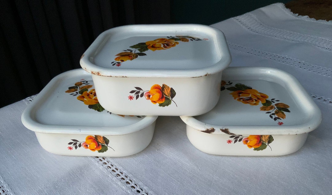 Vintage Enamel Box With Lid Set of 3 Enameled Rectangular Etsy