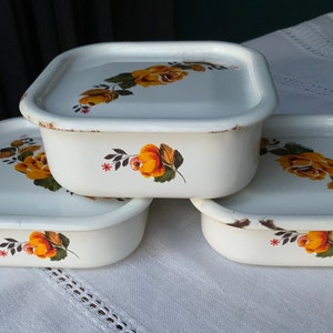 Vintage Floral Enamel Fridge Boxes with Lids - Set of 3