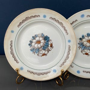 May include: Two white ceramic plates with a floral design. The plates have a cream-colored rim with a blue and brown decorative border. The center of each plate features a flower with white petals and blue leaves.