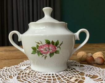 Azucarero de porcelana vintage con tapa: Calcomanía de rosa, Fábrica de Riga RPR, década de 1970