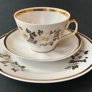 Vintage Riga porcelain factory coffee-tea SET TRIO, Teacup, Saucer and dessert plate, thin porcelain, Latvia Riga RPR, Jasmine Floral decal