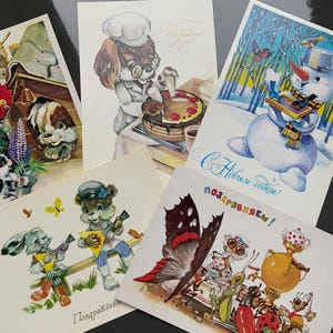 Lot de 5 cartes postales vierges Yasukevich !, URSS, cartes postales soviétiques, cartes vintage vierges de Noël et du Nouvel An de l'artiste Yasukevich