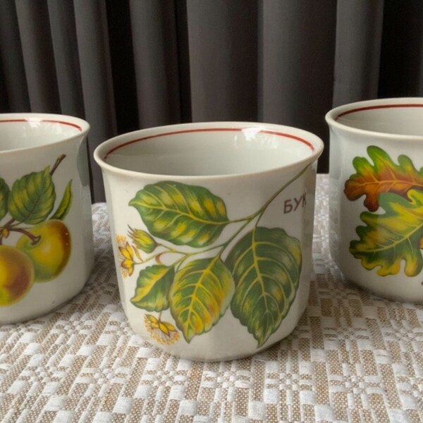 NOS vintage ceramic mugs with trees print, New Set of 3, USSR Polonsky porcelain factory Ukraina, the 80s, unused. Perfect gift.