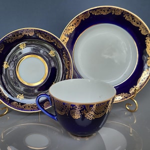 Trio, LFZ Lomonosov porcelain Cup, saucer, Dessert plate, cobalt-gold Table decor, high-quality porcelain
