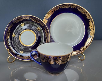 Trio, LFZ Lomonosov porcelain Cup, saucer, Dessert plate, cobalt-gold Table decor, high-quality porcelain