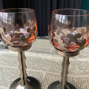 Vintage Art Deco Pink Liqueur Glasses - Set of 2 with Metal Stand