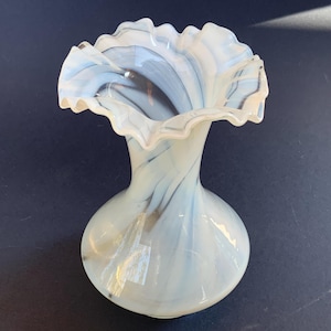 Vintage Ruffled Glass Vase: White & Blue Fluted Decor