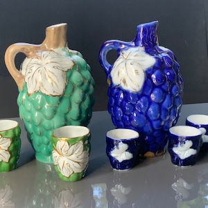 LFZ Rare Porcelain cobalt and Gold, Green Decanters with cups, LFZ Lomonosov factory, China decanter, grapes shape, decorative pitcher.