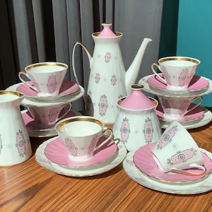 Vintage RPR Porcelain Espresso Set: Pink, White & Gold, Service for 6