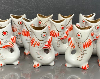 Vintage Porcelain Fish Shot Glasses - Gold Plated Barware, Set of 12